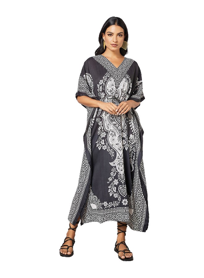 Drawstring Waist Printed Kaftan Dress Black/White