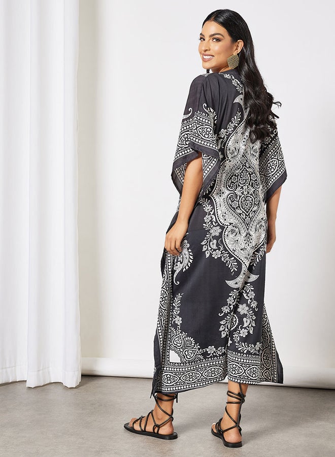 Drawstring Waist Printed Kaftan Dress Black/White