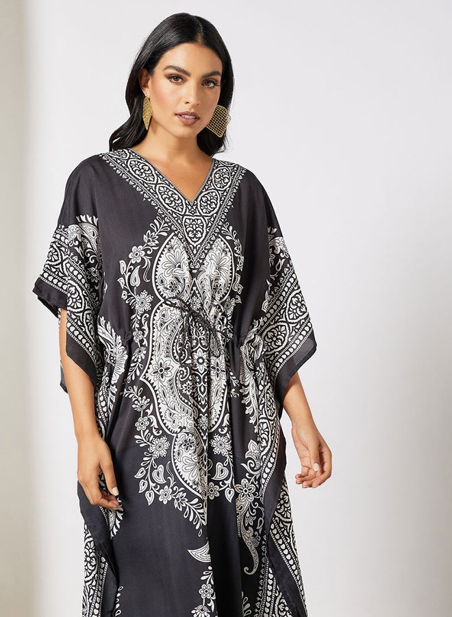 Drawstring Waist Printed Kaftan Dress Black/White