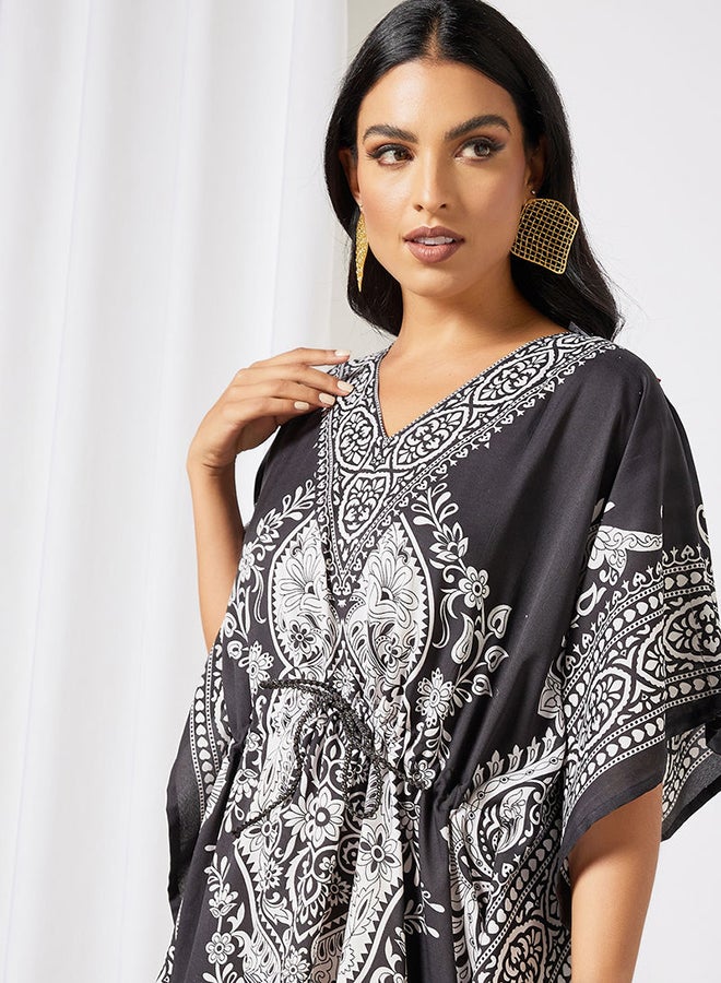 Drawstring Waist Printed Kaftan Dress Black/White