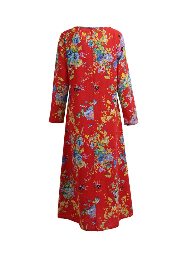Long Sleeve Floral Printed Robe Dress Red