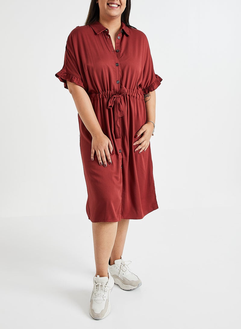 Drawstring Waist Shirt Dress Brown