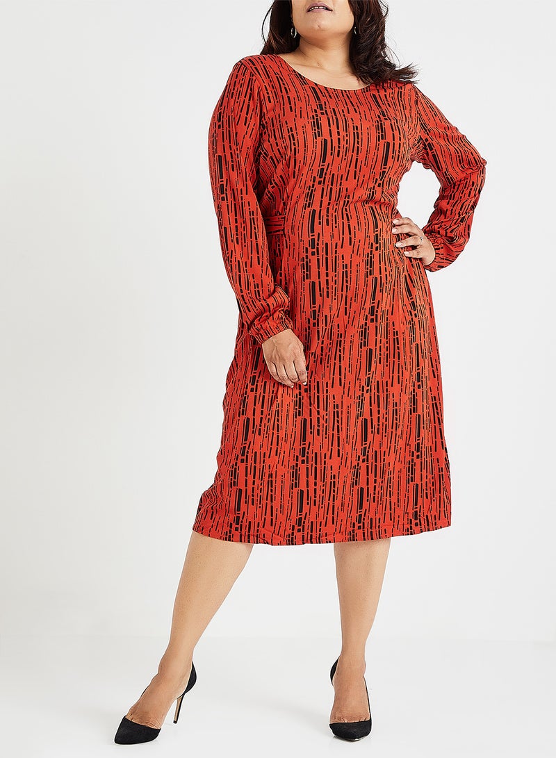 Tie Up Patterned Midi Dress Orange