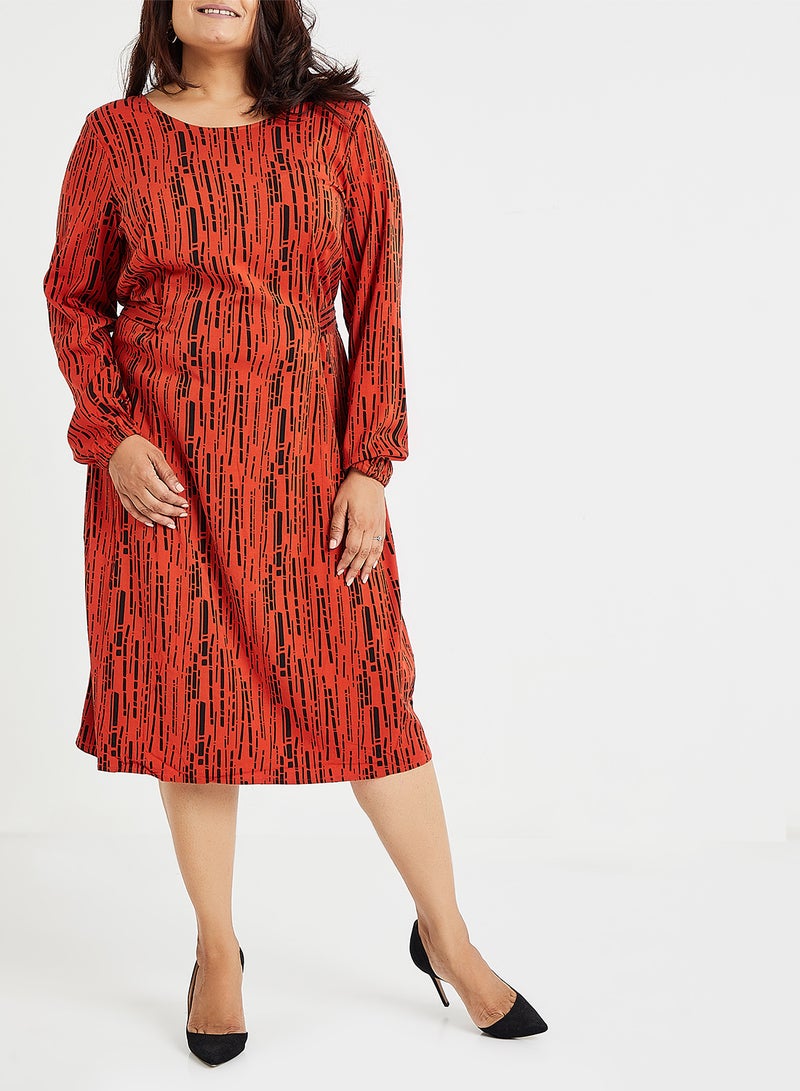 Tie Up Patterned Midi Dress Orange