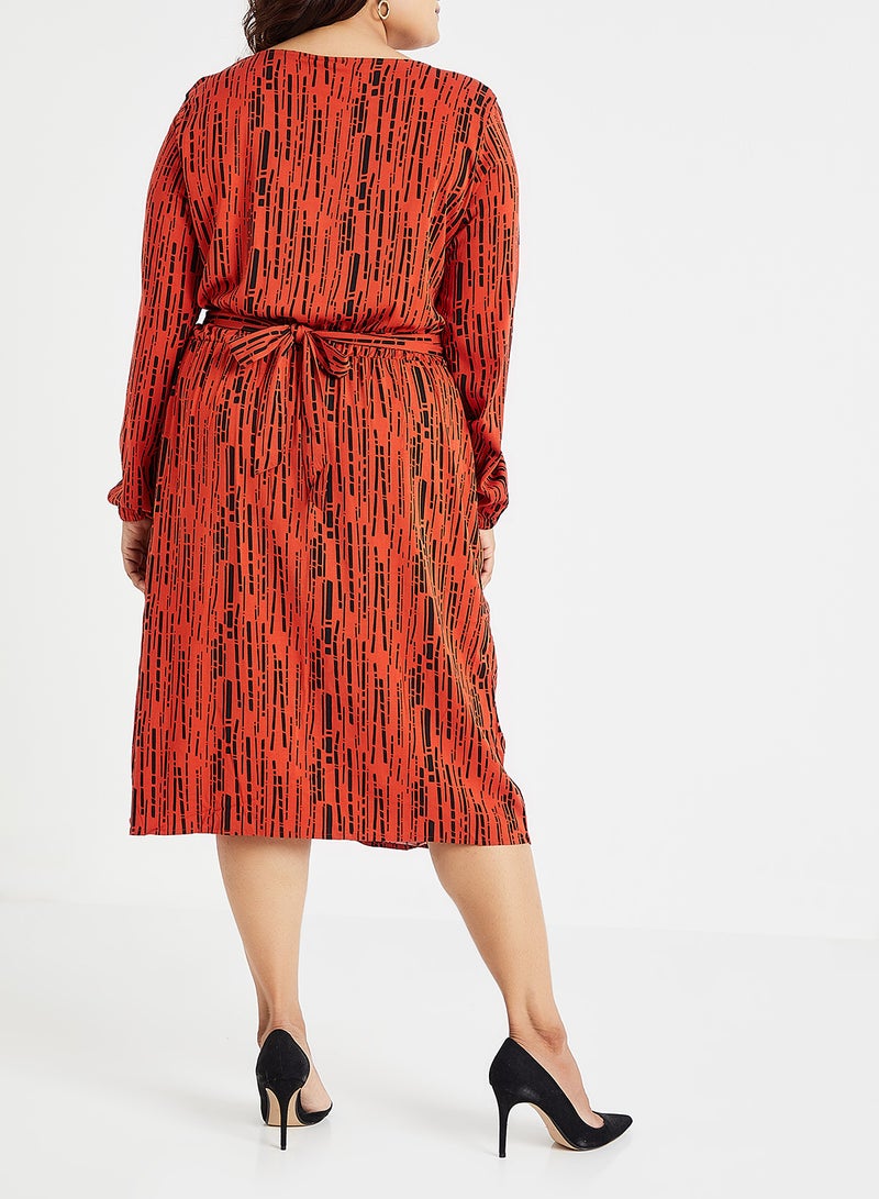 Tie Up Patterned Midi Dress Orange