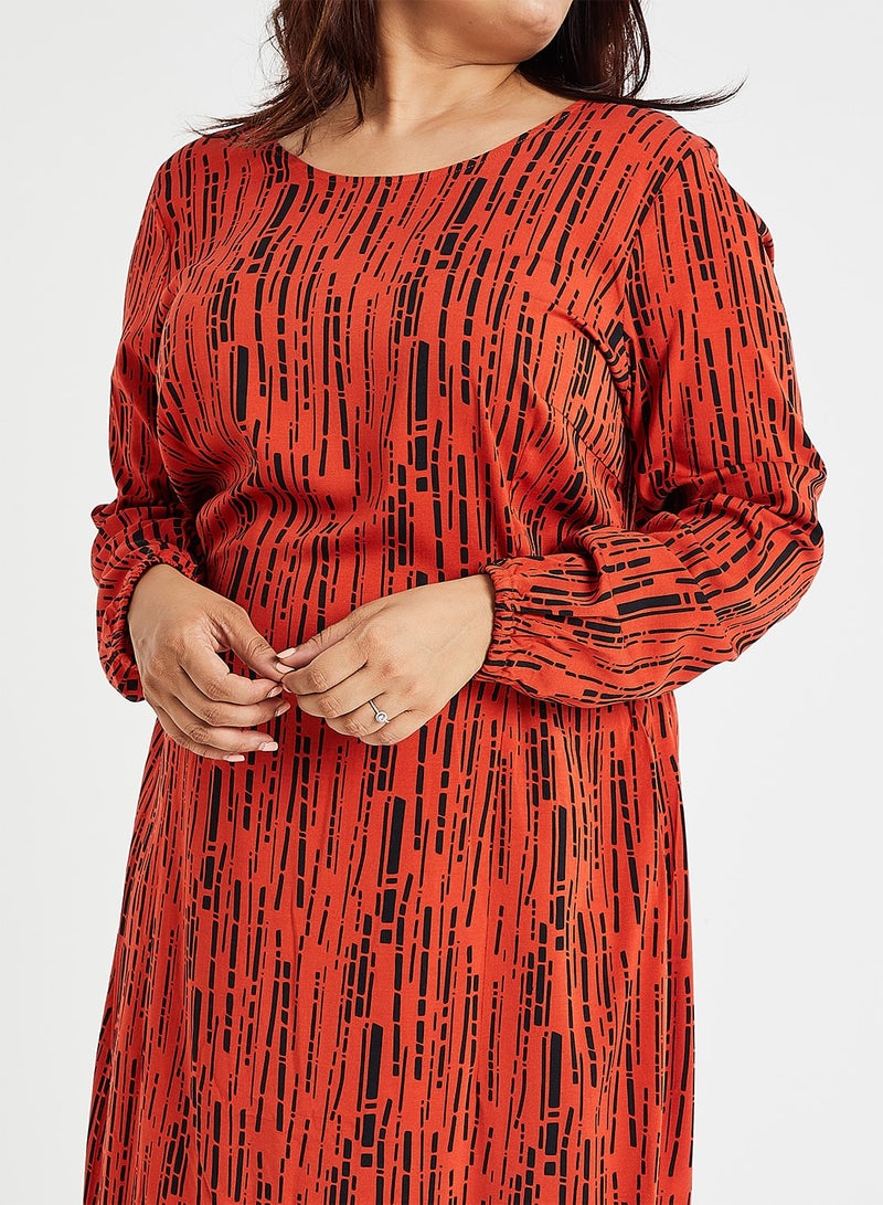 Tie Up Patterned Midi Dress Orange