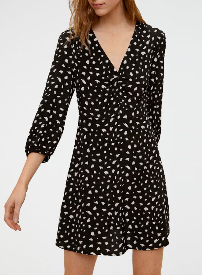 Printed V-Neck Dress Black/White