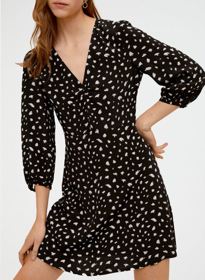 Printed V-Neck Dress Black/White