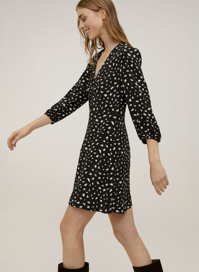 Printed V-Neck Dress Black/White