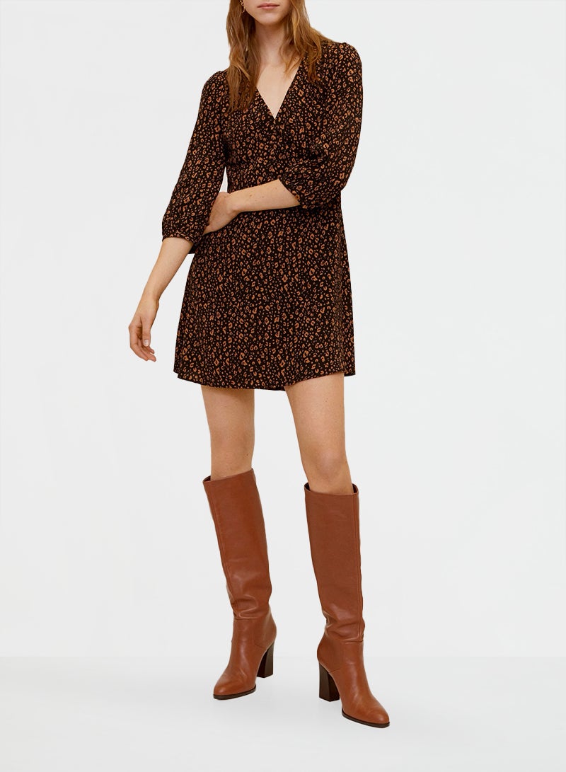 Printed V-Neck Dress Black/Brown