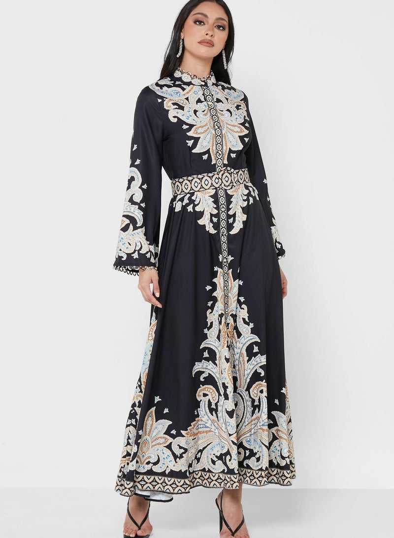 Bell Sleeve Printed Belted Dress Black