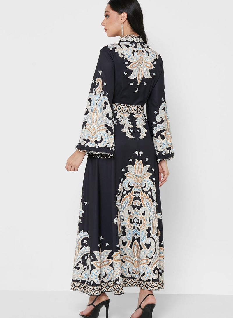 Bell Sleeve Printed Belted Dress Black