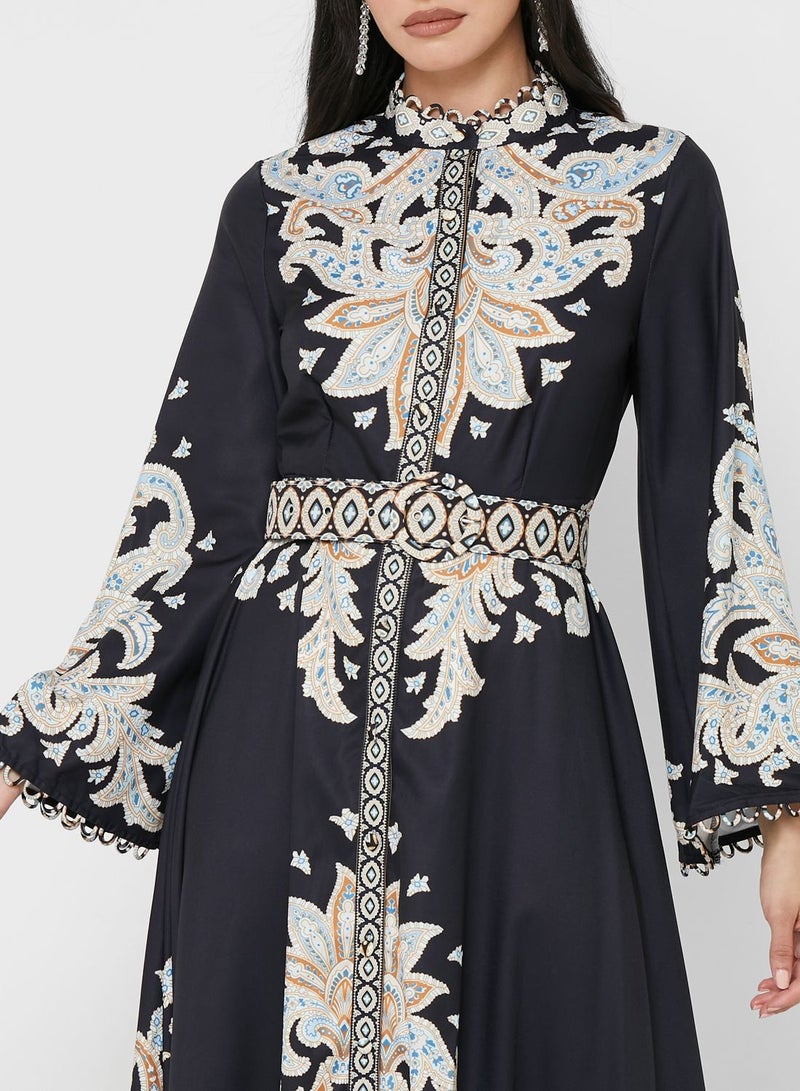 Bell Sleeve Printed Belted Dress Black