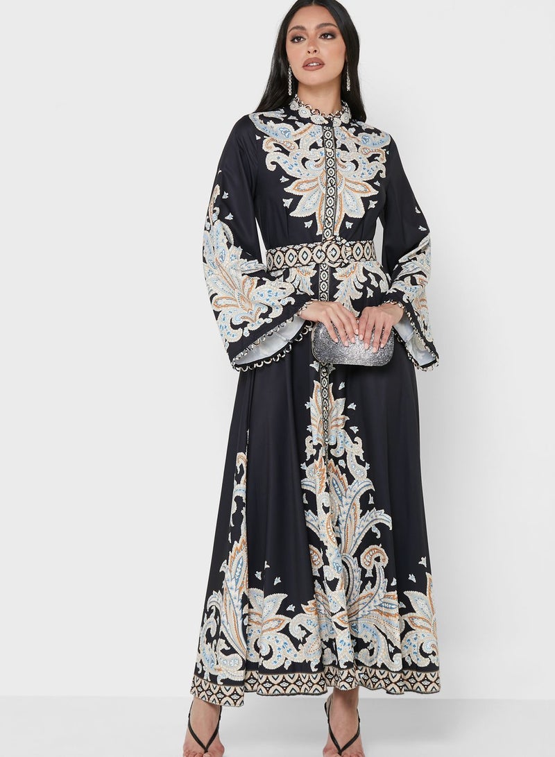 Bell Sleeve Printed Belted Dress Black