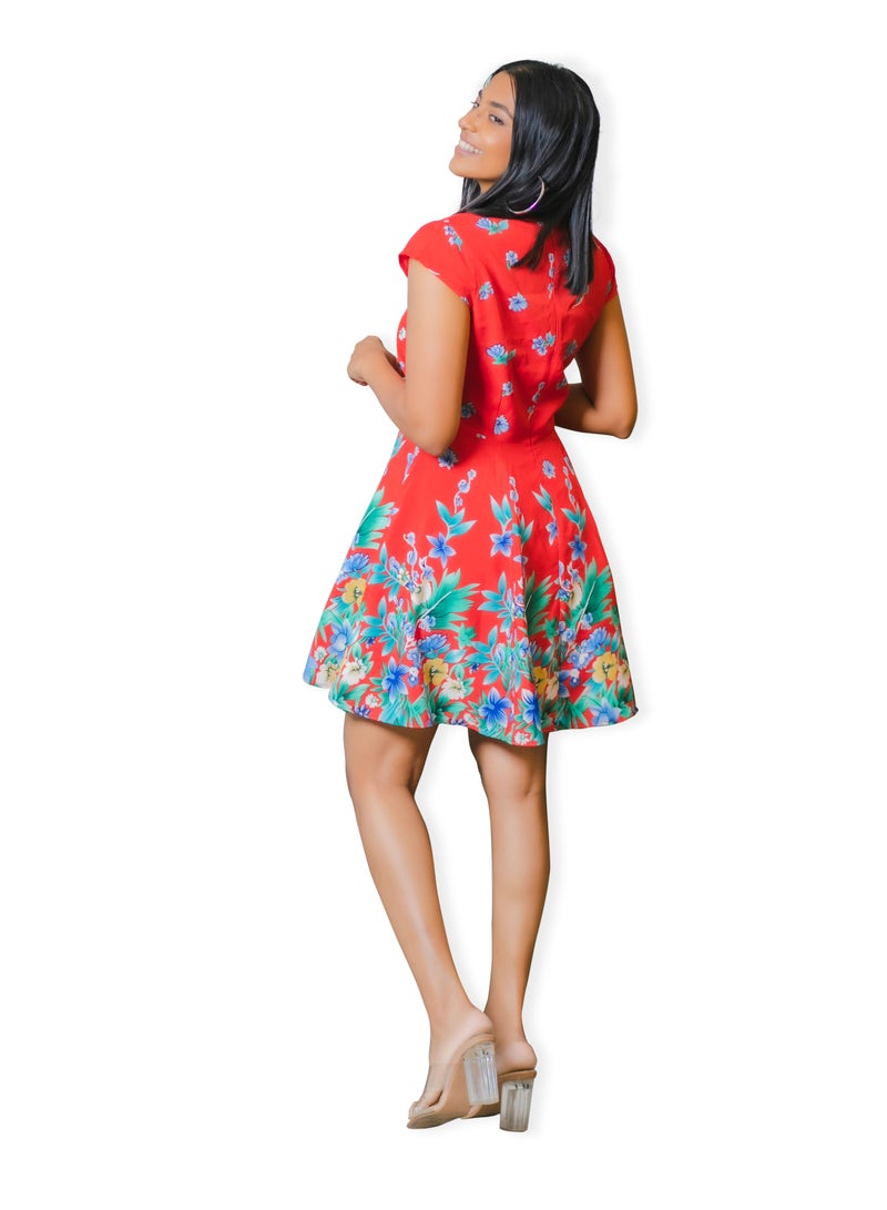 Fit and Flared Floral Mini Dress with Cap Sleeves