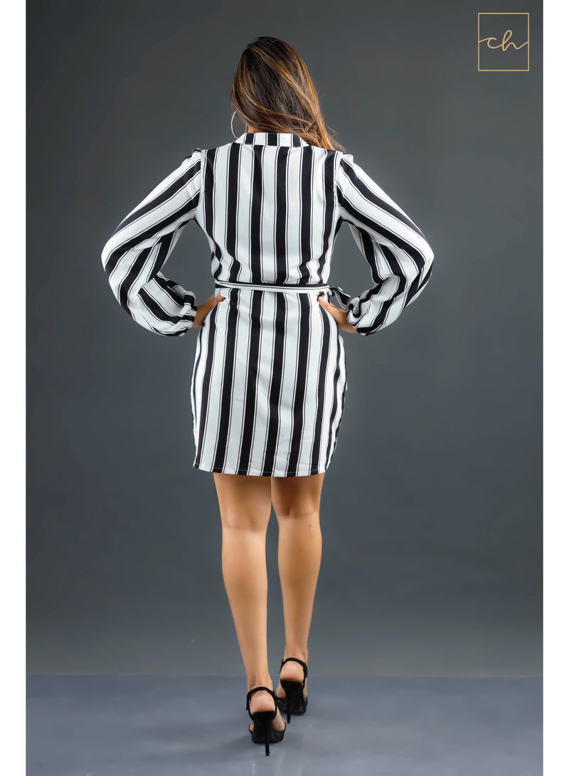 Long Sleeved Mini Dress with Black and White Stripes