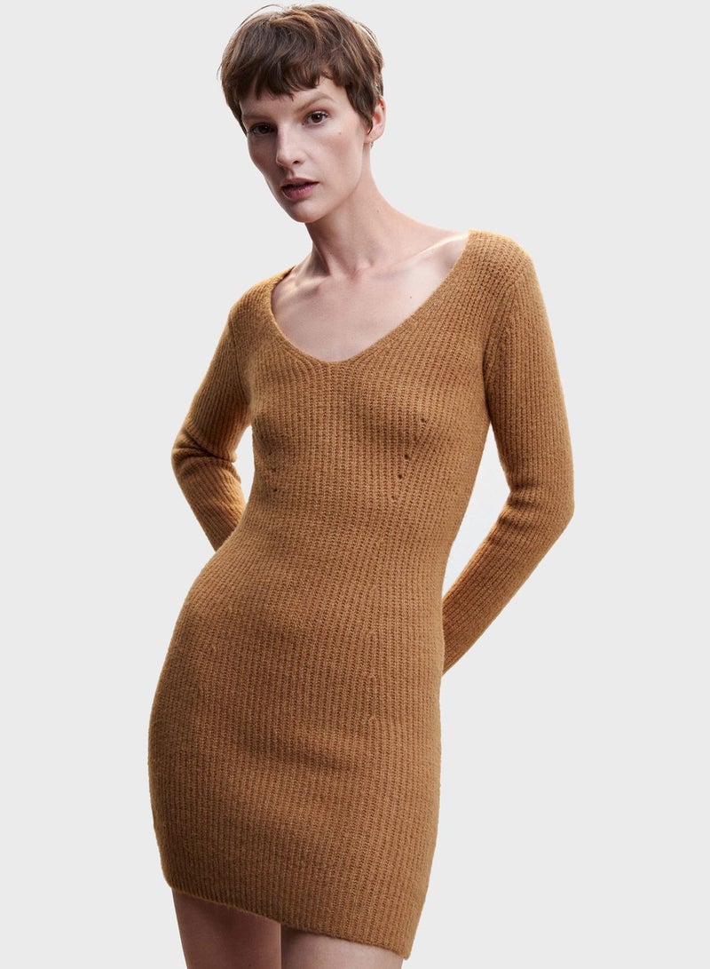 Ribbed V-Neck Dress