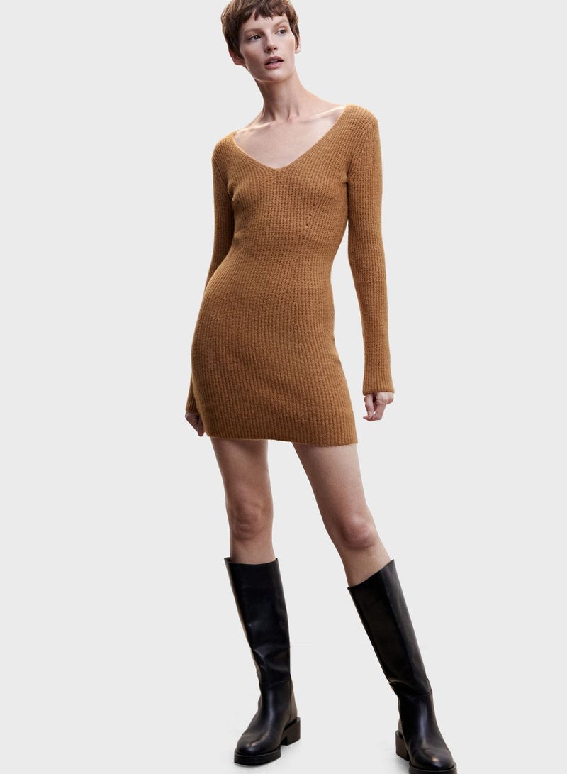 Ribbed V-Neck Dress