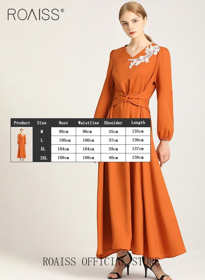 Women's Dress V-Neck Waist-Slimming Thin Three-Dimensional Applique Long-Sleeved Dress for Ladies Casual Outfit