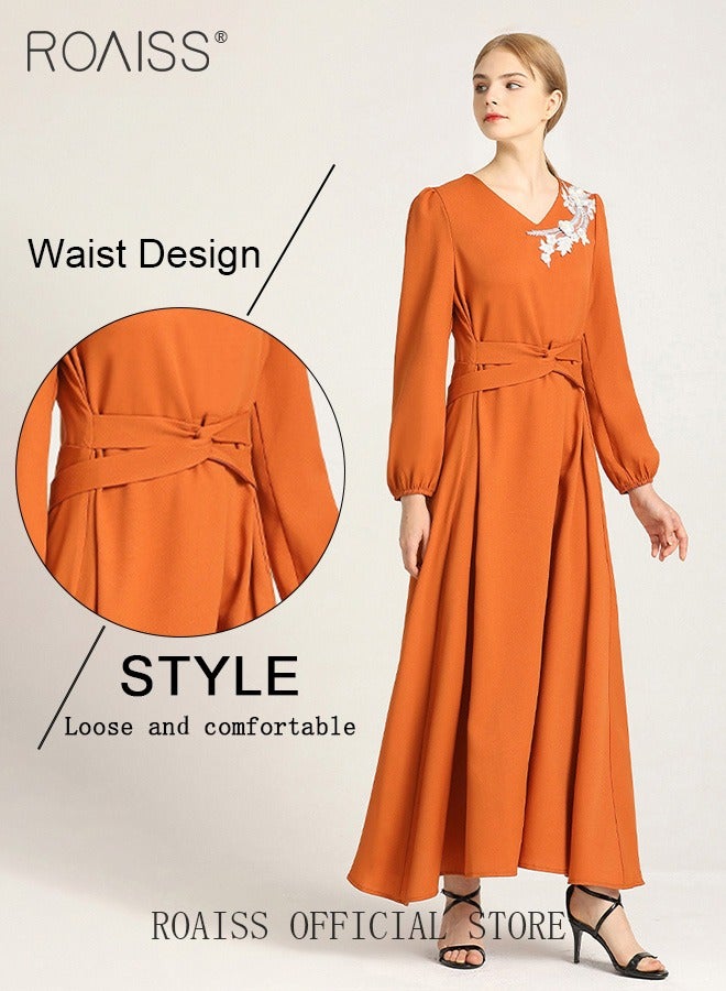 Women's Dress V-Neck Waist-Slimming Thin Three-Dimensional Applique Long-Sleeved Dress for Ladies Casual Outfit