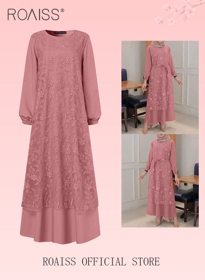 Women's Round Neck Gown Lace Decoration Long Sleeve Waisted Loose Long Dress