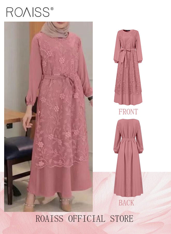 Women's Round Neck Gown Lace Decoration Long Sleeve Waisted Loose Long Dress