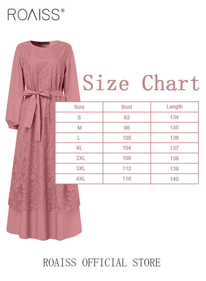 Women's Round Neck Gown Lace Decoration Long Sleeve Waisted Loose Long Dress