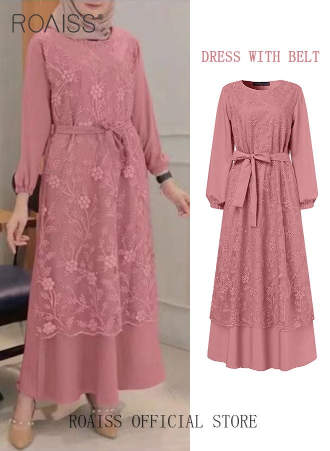 Women's Round Neck Gown Lace Decoration Long Sleeve Waisted Loose Long Dress