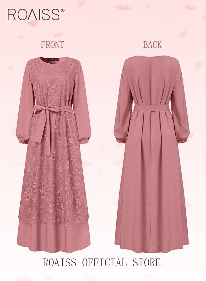 Women's Round Neck Gown Lace Decoration Long Sleeve Waisted Loose Long Dress