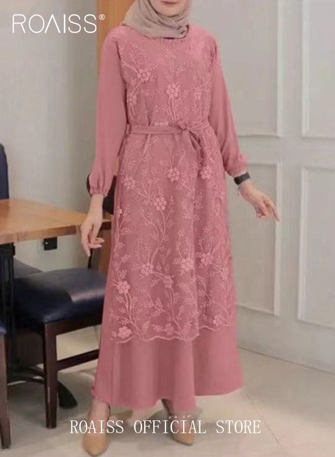 Women's Round Neck Gown Lace Decoration Long Sleeve Waisted Loose Long Dress