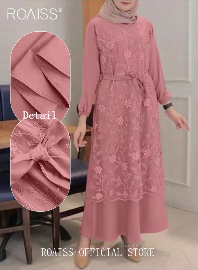 Women's Round Neck Gown Lace Decoration Long Sleeve Waisted Loose Long Dress