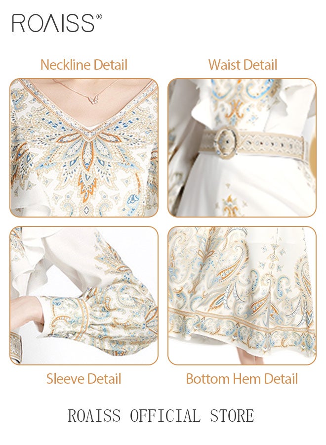 Ladies Dress Long Sleeve Ruffle Vintage V Neck Linen Advanced Fashion Print Dress for Ladies Ramadan Eid al-Adha