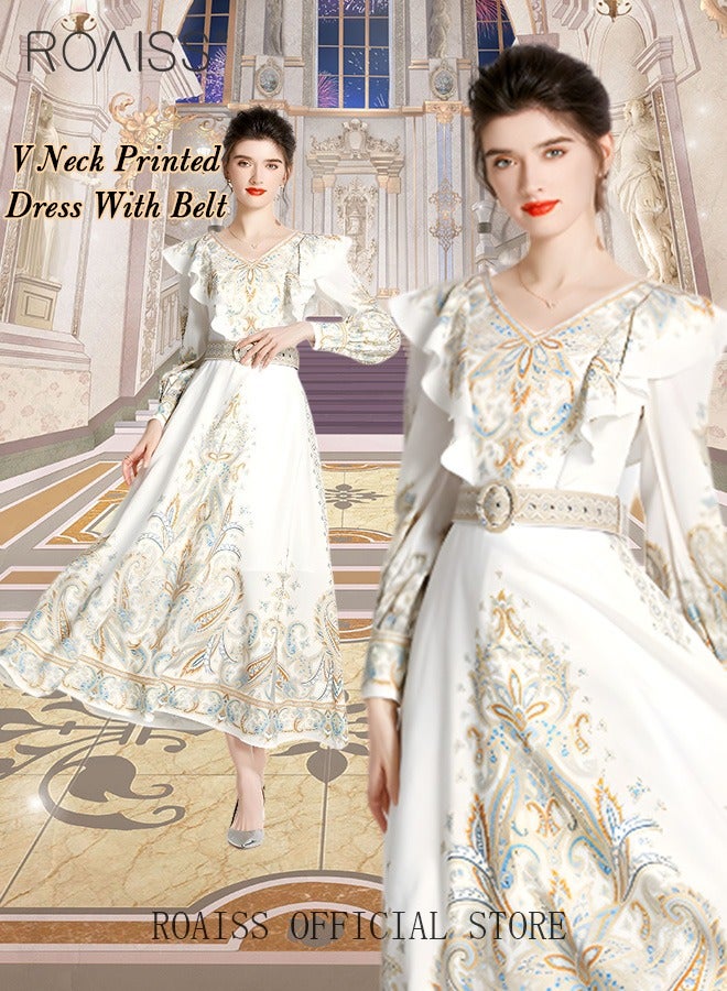 Ladies Dress Long Sleeve Ruffle Vintage V Neck Linen Advanced Fashion Print Dress for Ladies Ramadan Eid al-Adha