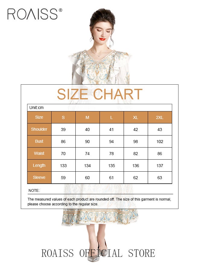 Ladies Dress Long Sleeve Ruffle Vintage V Neck Linen Advanced Fashion Print Dress for Ladies Ramadan Eid al-Adha