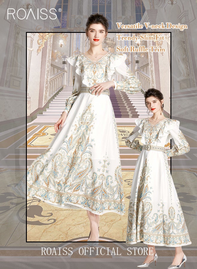 Ladies Dress Long Sleeve Ruffle Vintage V Neck Linen Advanced Fashion Print Dress for Ladies Ramadan Eid al-Adha