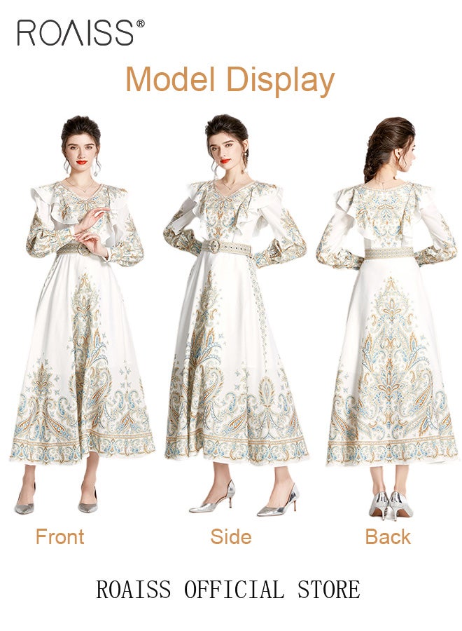 Ladies Dress Long Sleeve Ruffle Vintage V Neck Linen Advanced Fashion Print Dress for Ladies Ramadan Eid al-Adha