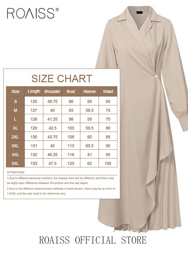 Ladies Tunic Dress Solid Color Formal Elegant Asymmetrical Pleated Design Vintage Long Suit Dress  for Women Casual Ramadan Beige