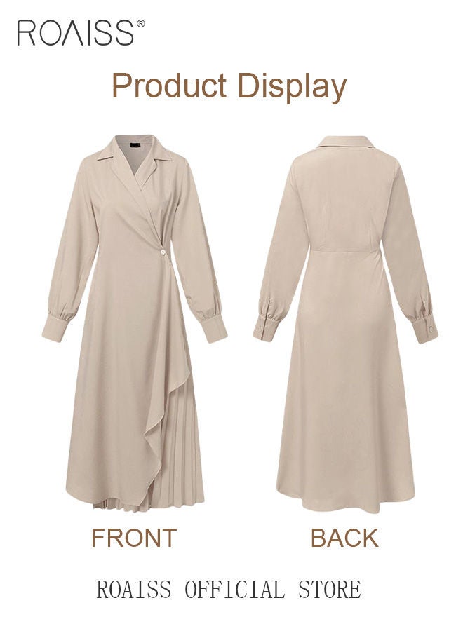 Ladies Tunic Dress Solid Color Formal Elegant Asymmetrical Pleated Design Vintage Long Suit Dress  for Women Casual Ramadan Beige