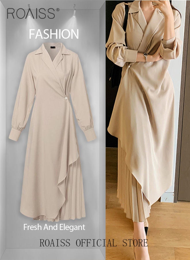 Ladies Tunic Dress Solid Color Formal Elegant Asymmetrical Pleated Design Vintage Long Suit Dress  for Women Casual Ramadan Beige