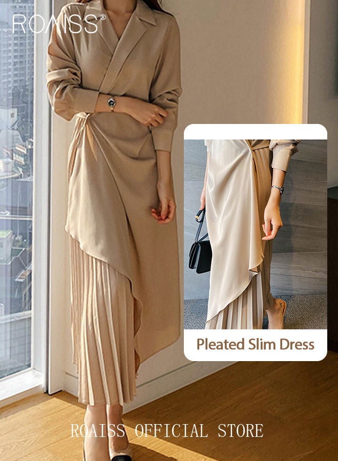 Ladies Tunic Dress Solid Color Formal Elegant Asymmetrical Pleated Design Vintage Long Suit Dress  for Women Casual Ramadan Beige