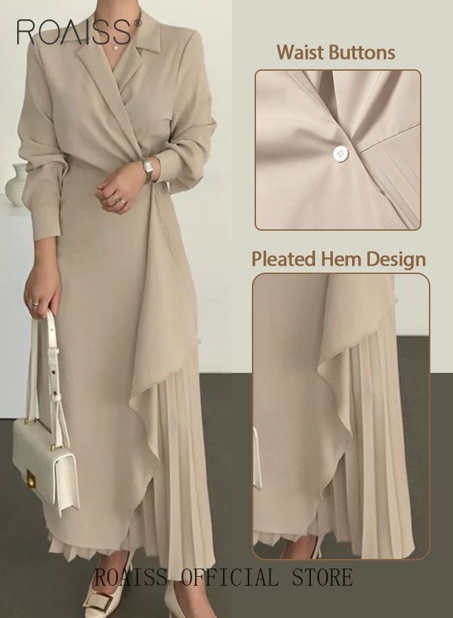 Ladies Tunic Dress Solid Color Formal Elegant Asymmetrical Pleated Design Vintage Long Suit Dress  for Women Casual Ramadan Beige