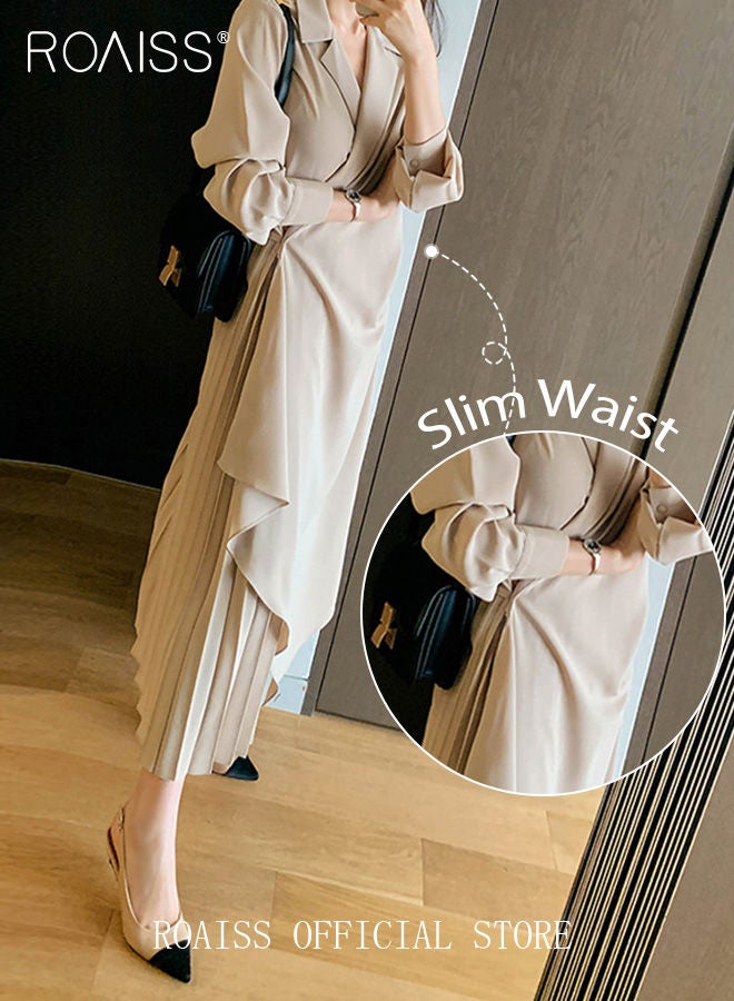 Ladies Tunic Dress Solid Color Formal Elegant Asymmetrical Pleated Design Vintage Long Suit Dress  for Women Casual Ramadan Beige