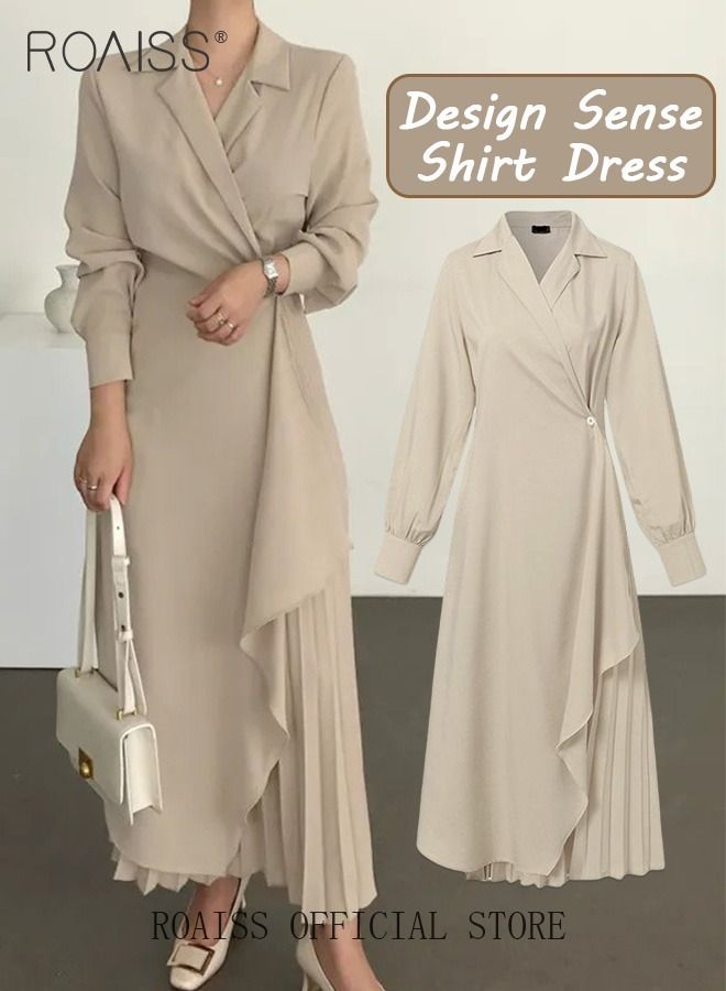 Ladies Tunic Dress Solid Color Formal Elegant Asymmetrical Pleated Design Vintage Long Suit Dress  for Women Casual Ramadan Beige