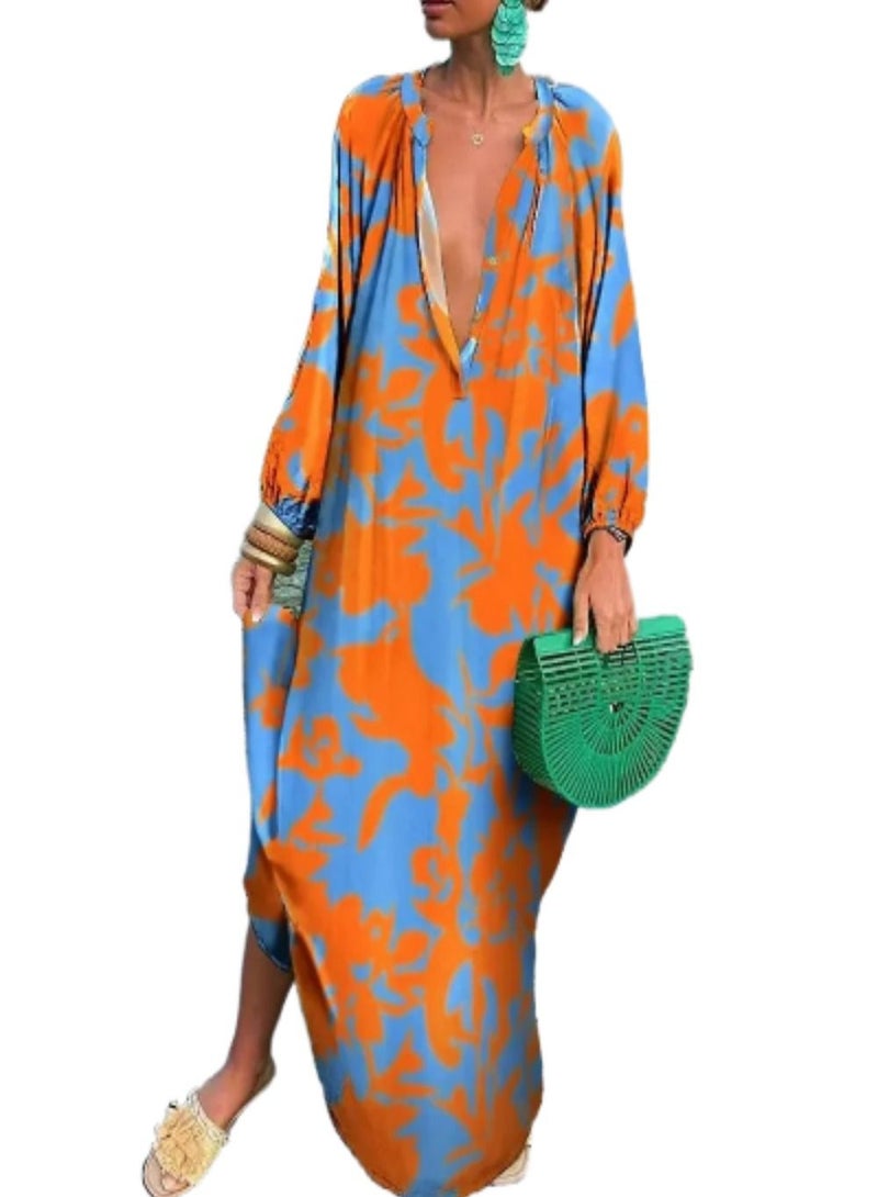 Women Vintage Maxi Dresses 2023 Summer  Deep V-Neck Long Sleeve Boho Print Long Dresses