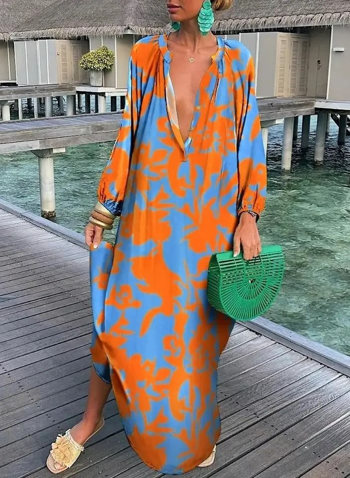 Women Vintage Maxi Dresses 2023 Summer  Deep V-Neck Long Sleeve Boho Print Long Dresses