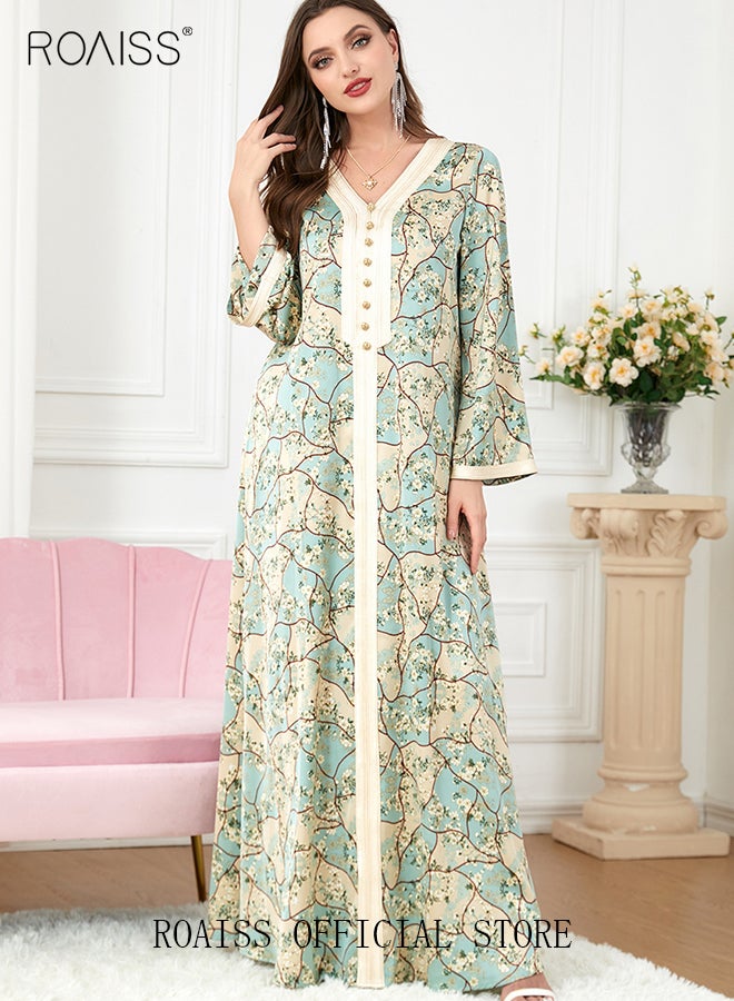 Ramadan Women Muslim Dress V-Collor Embroidery Evening Party Gown Bell Sleeve Long Dresses Party Robe Women Embroidery Islamic Dresses
