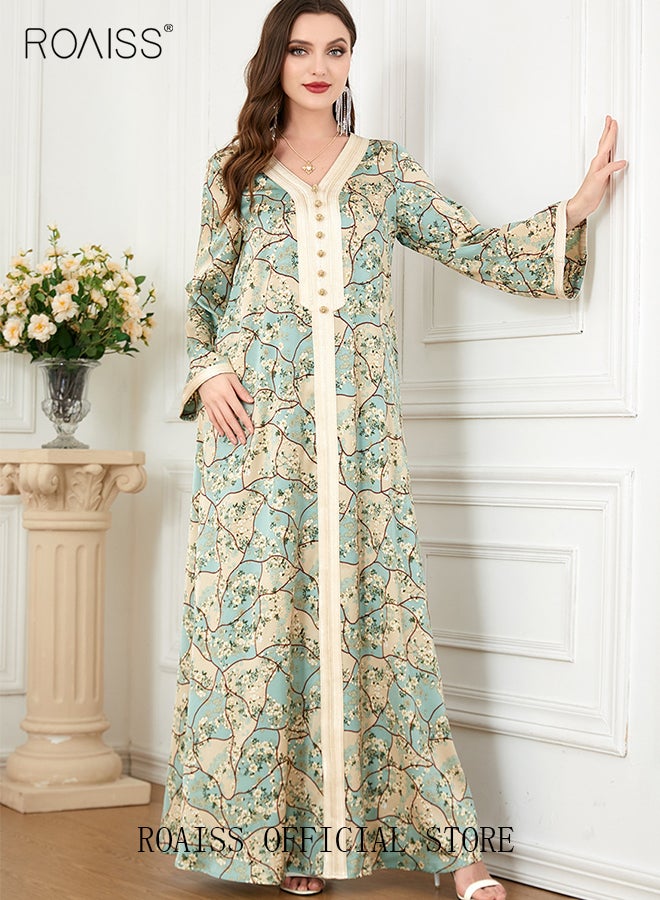 Ramadan Women Muslim Dress V-Collor Embroidery Evening Party Gown Bell Sleeve Long Dresses Party Robe Women Embroidery Islamic Dresses