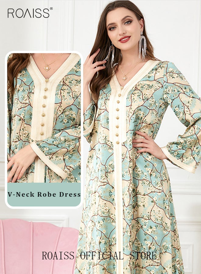 Ramadan Women Muslim Dress V-Collor Embroidery Evening Party Gown Bell Sleeve Long Dresses Party Robe Women Embroidery Islamic Dresses