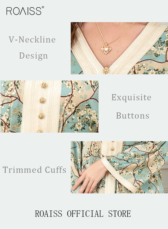 Ramadan Women Muslim Dress V-Collor Embroidery Evening Party Gown Bell Sleeve Long Dresses Party Robe Women Embroidery Islamic Dresses