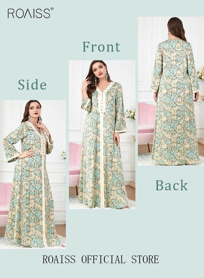 Ramadan Women Muslim Dress V-Collor Embroidery Evening Party Gown Bell Sleeve Long Dresses Party Robe Women Embroidery Islamic Dresses